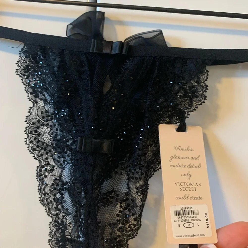 Victoria secret collection thong black Swarovsk crystal M G string designer